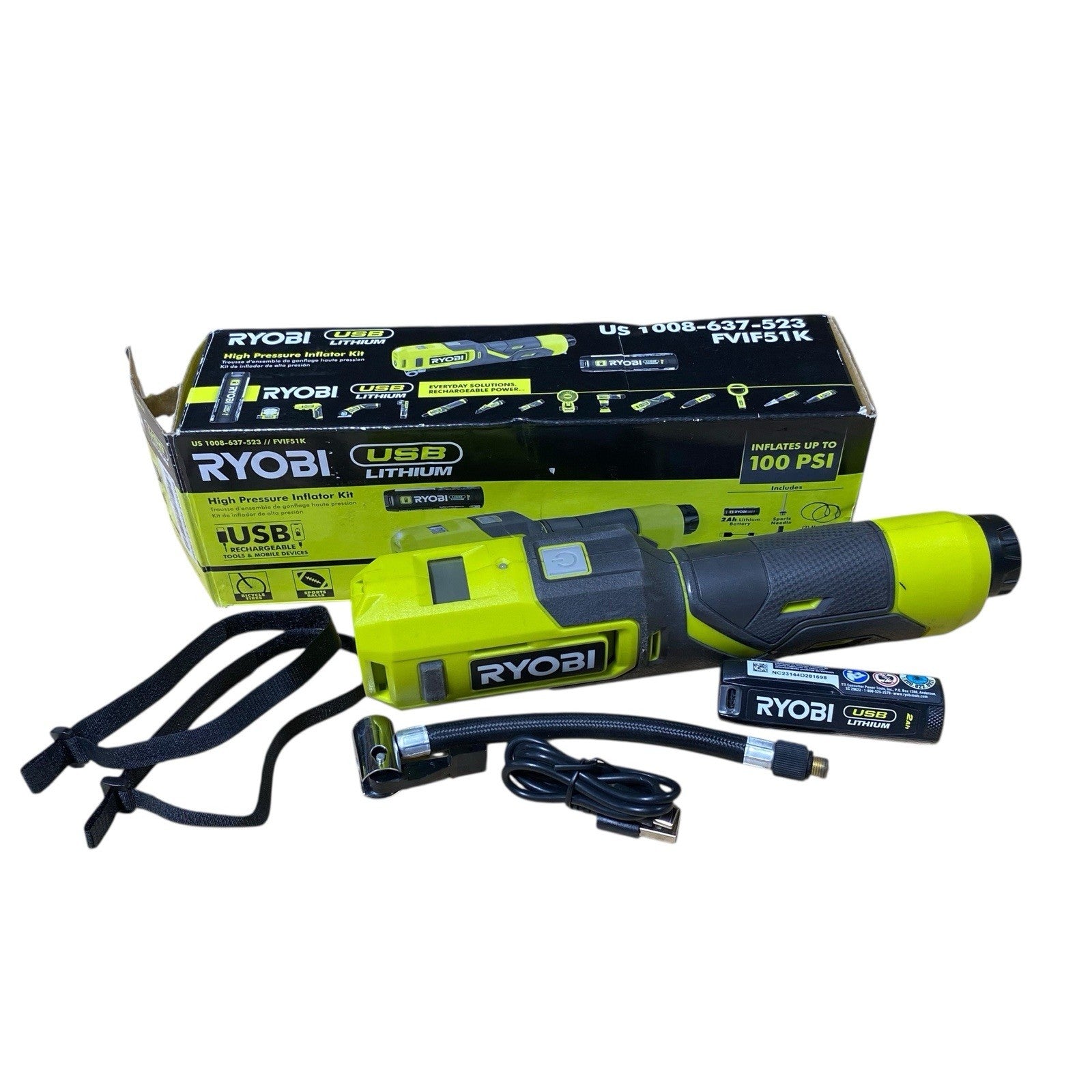 Ryobi High Pressure Inflator W/ USB Lithium 2 Ah Battery & Charging Cord FVIF51K