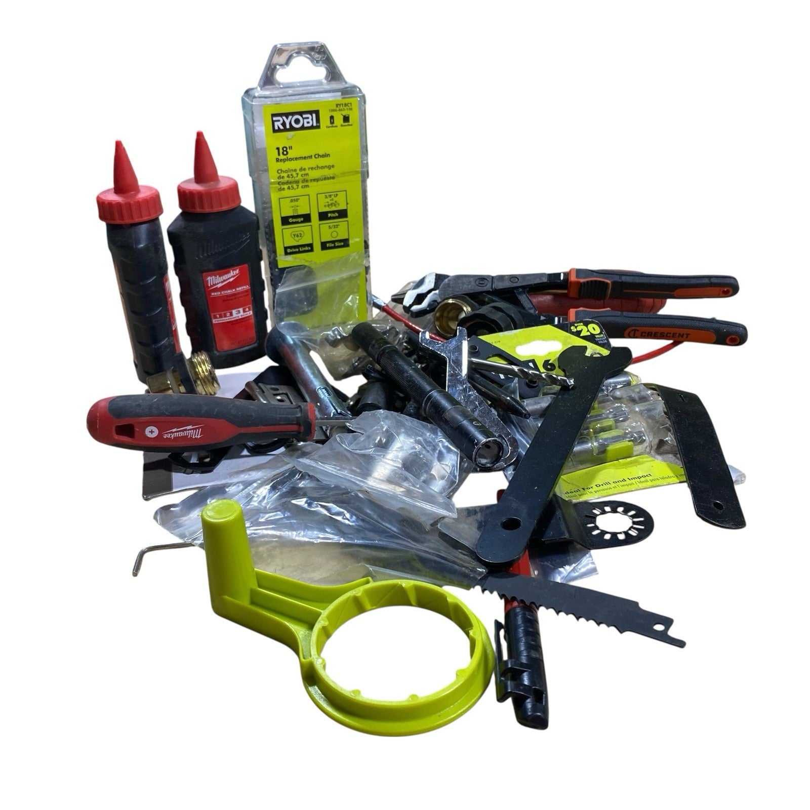 Milwaukee Ryobi Junk Drawer Tools Lot Bit Blades Chalk Refills Pliers Wrench