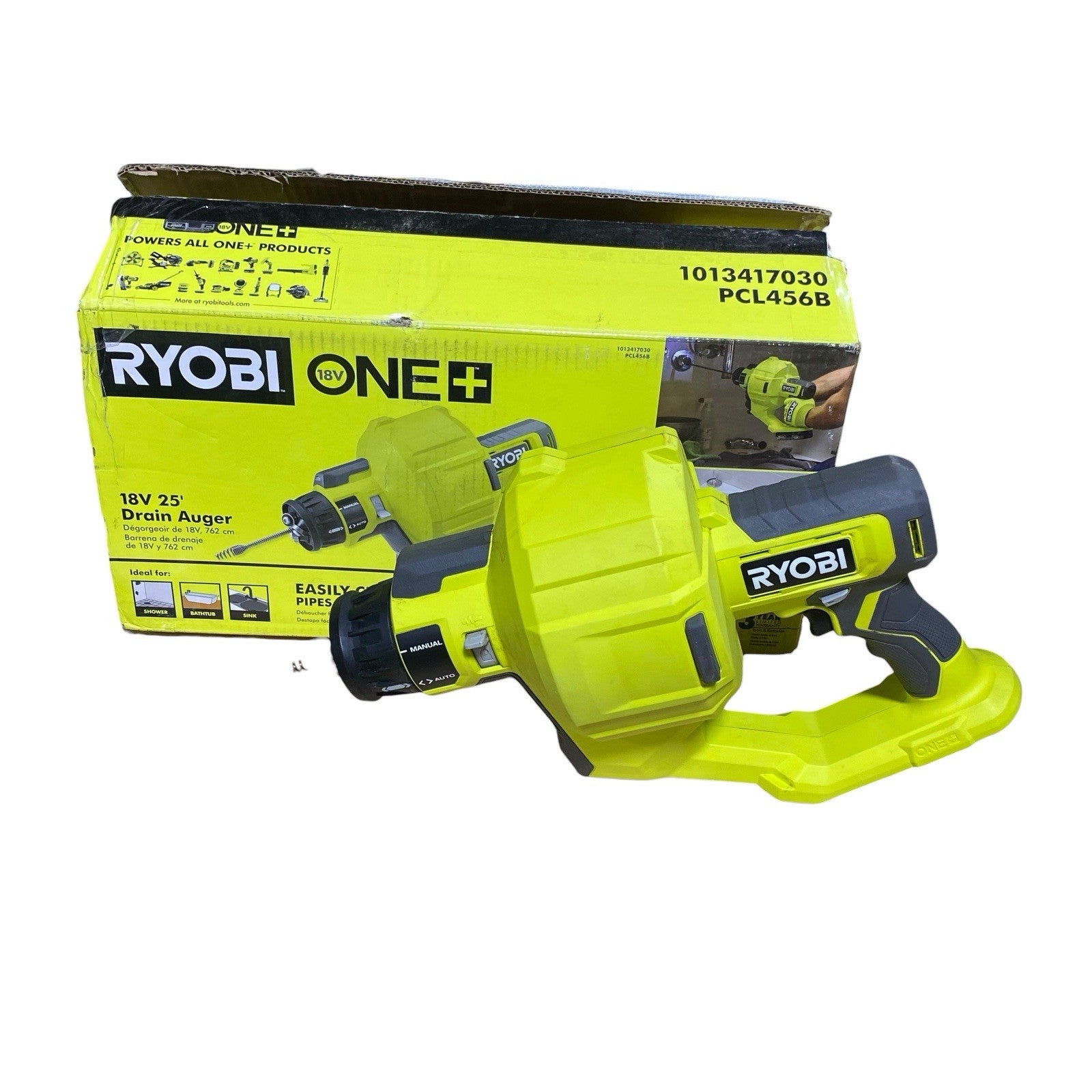 Ryobi PCL456 ONE+ 18V Cordless Drain Auger 25 ft Cable, LED Light, Auto Feed/Ret