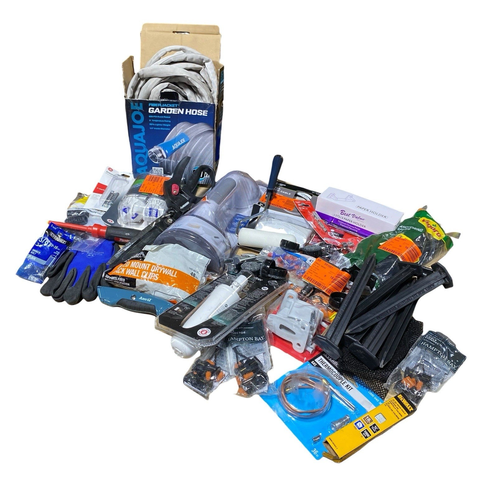 Junk Drawer Lot Plumbing Hardware Garden Hose Box Knife Cutting Shears