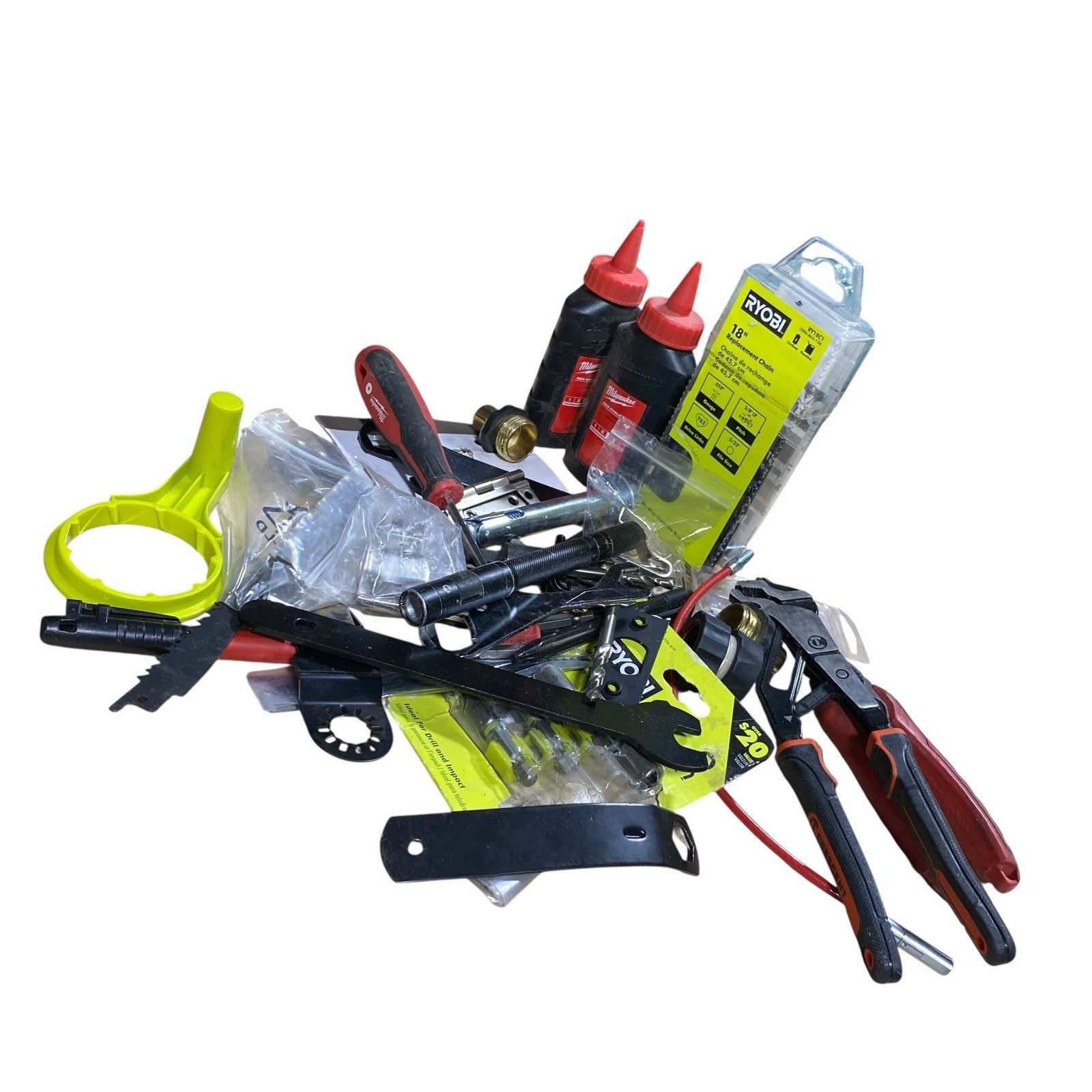 Milwaukee Ryobi Junk Drawer Tools Lot Bit Blades Chalk Refills Pliers Wrench