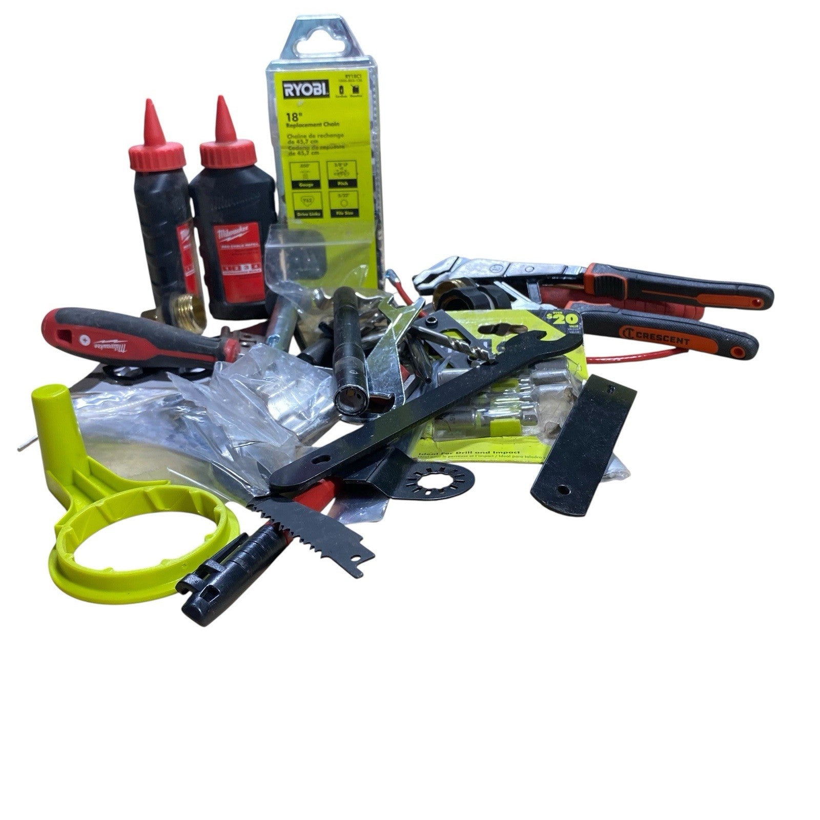 Milwaukee Ryobi Junk Drawer Tools Lot Bit Blades Chalk Refills Pliers Wrench