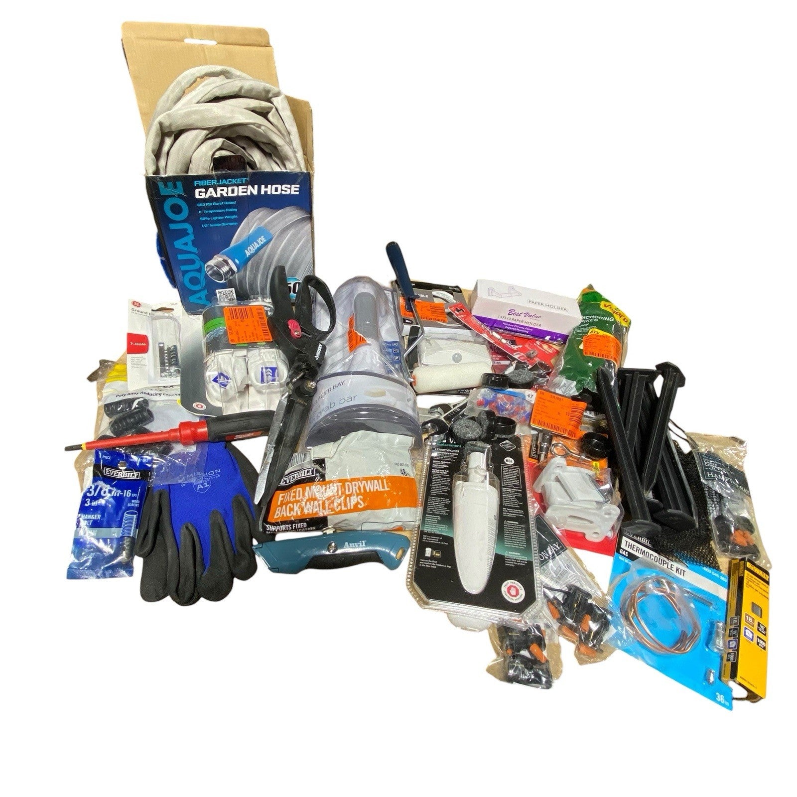 Junk Drawer Lot Plumbing Hardware Garden Hose Box Knife Cutting Shears