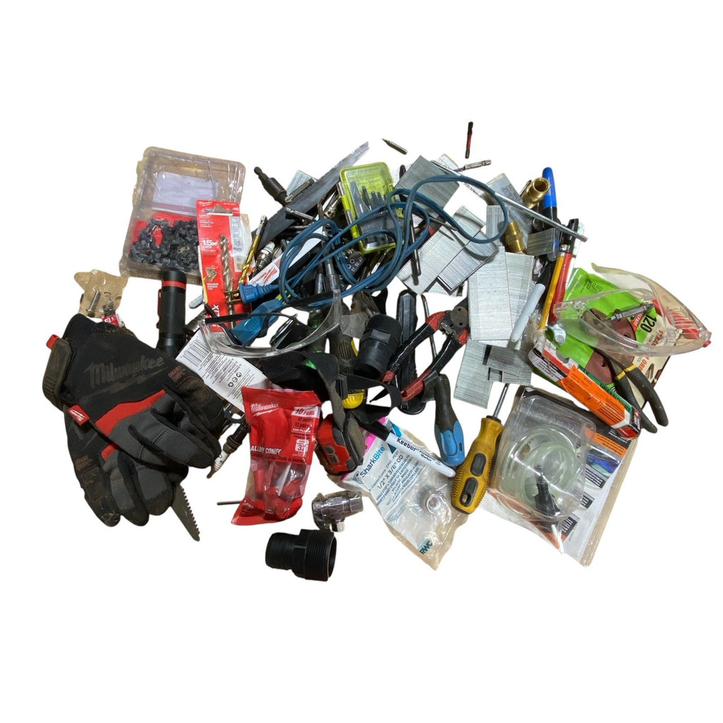 Milwaukee Ryobi Junk Drawer Tools Lot Bits Drivers Wrench Flashlight Gloves