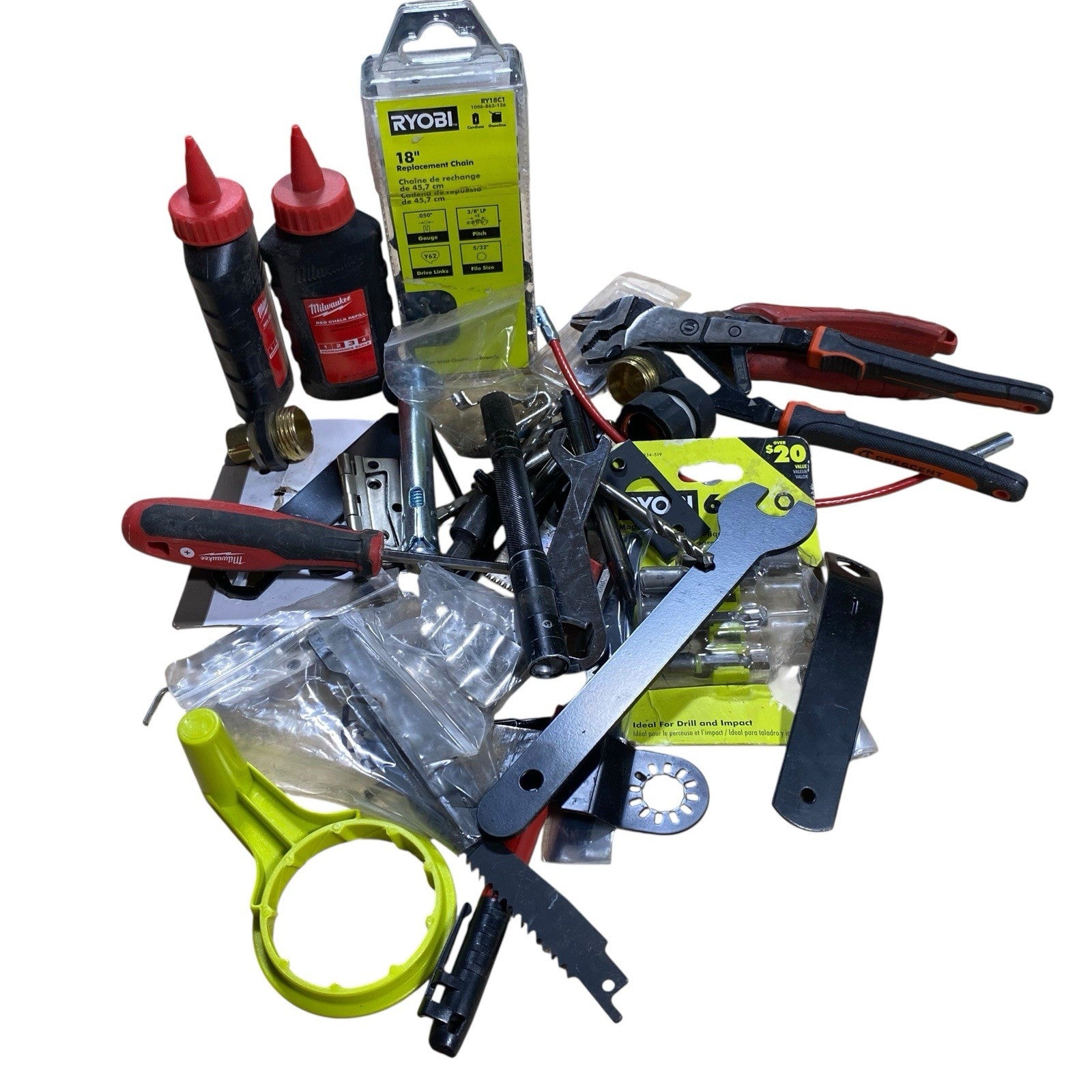 Milwaukee Ryobi Junk Drawer Tools Lot Bit Blades Chalk Refills Pliers Wrench
