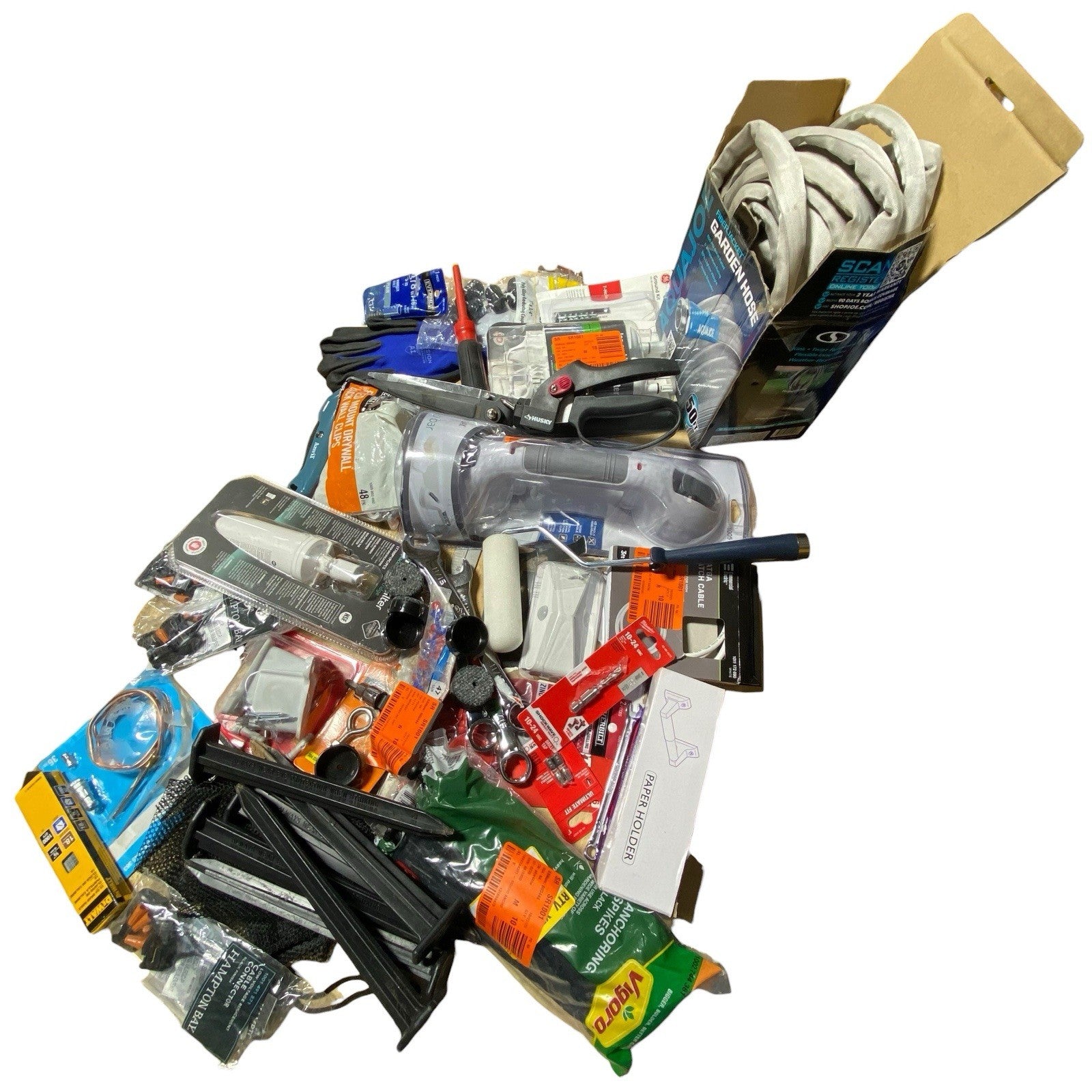 Junk Drawer Lot Plumbing Hardware Garden Hose Box Knife Cutting Shears