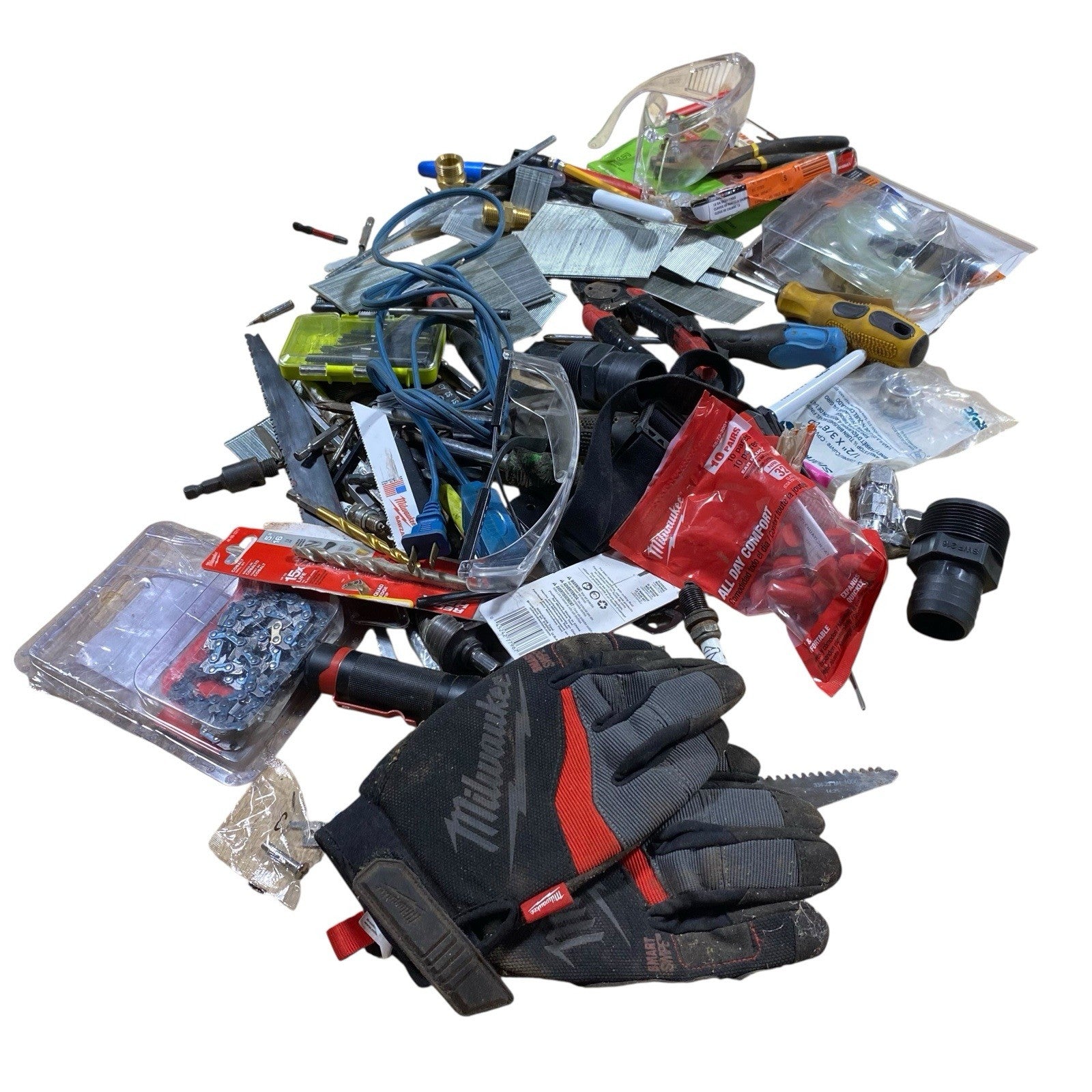 Milwaukee Ryobi Junk Drawer Tools Lot Bits Drivers Wrench Flashlight Gloves