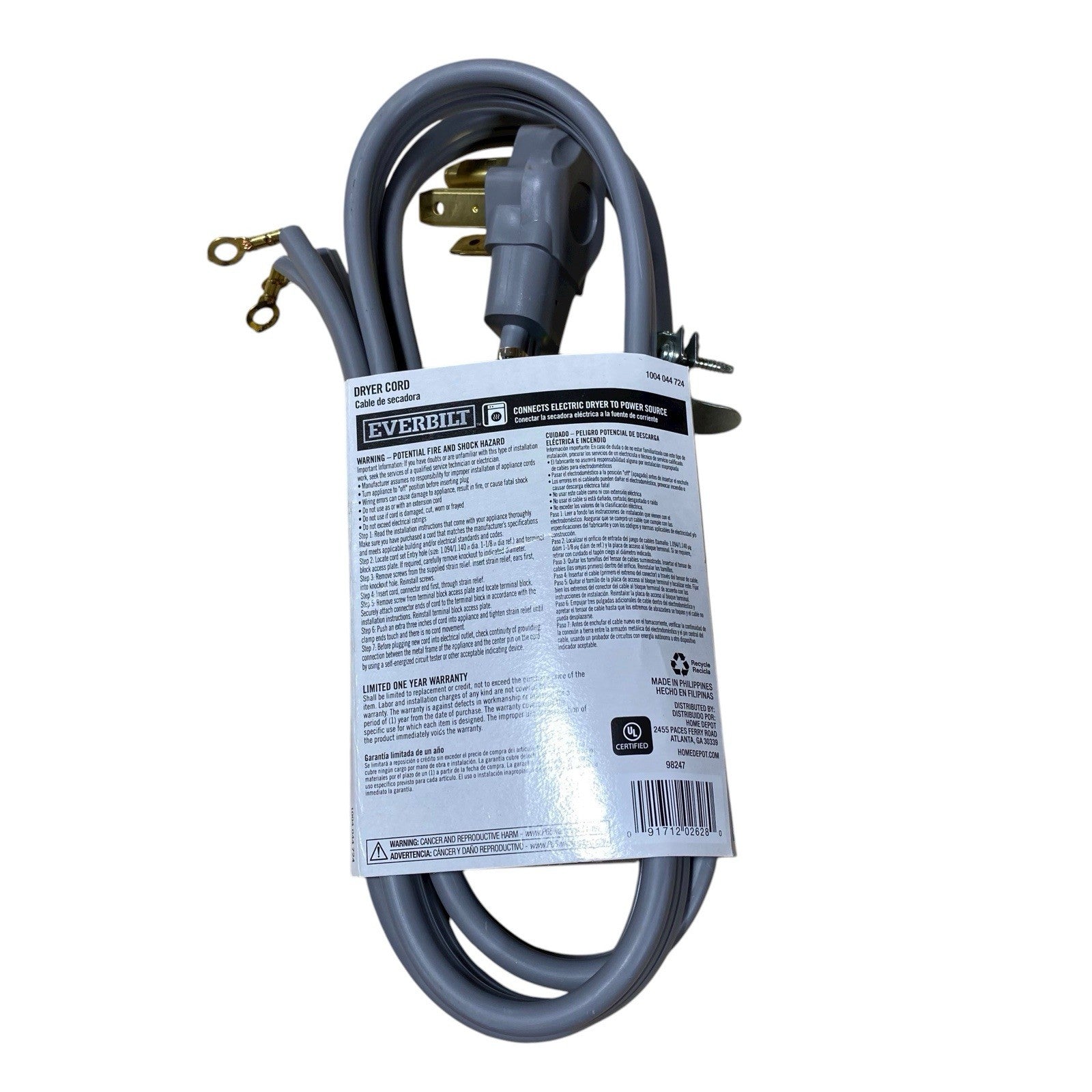 Everbilt 3-Prong Dryer Power Cord 30 Amp 6ft. 98247