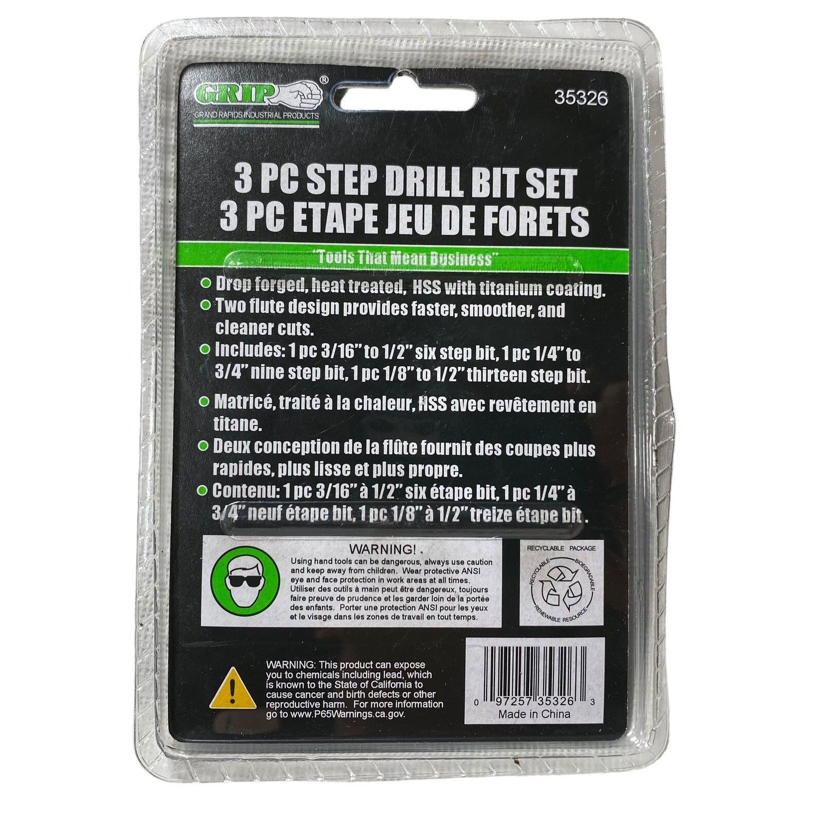 3pc GRIP QUICK CHANGE HEX SHANK TITANIUM STEP UNI DRILL BIT SET 3/16" - 3/4" 