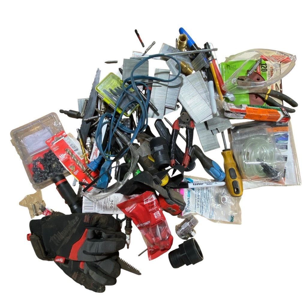 Milwaukee Ryobi Junk Drawer Tools Lot Bits Drivers Wrench Flashlight Gloves