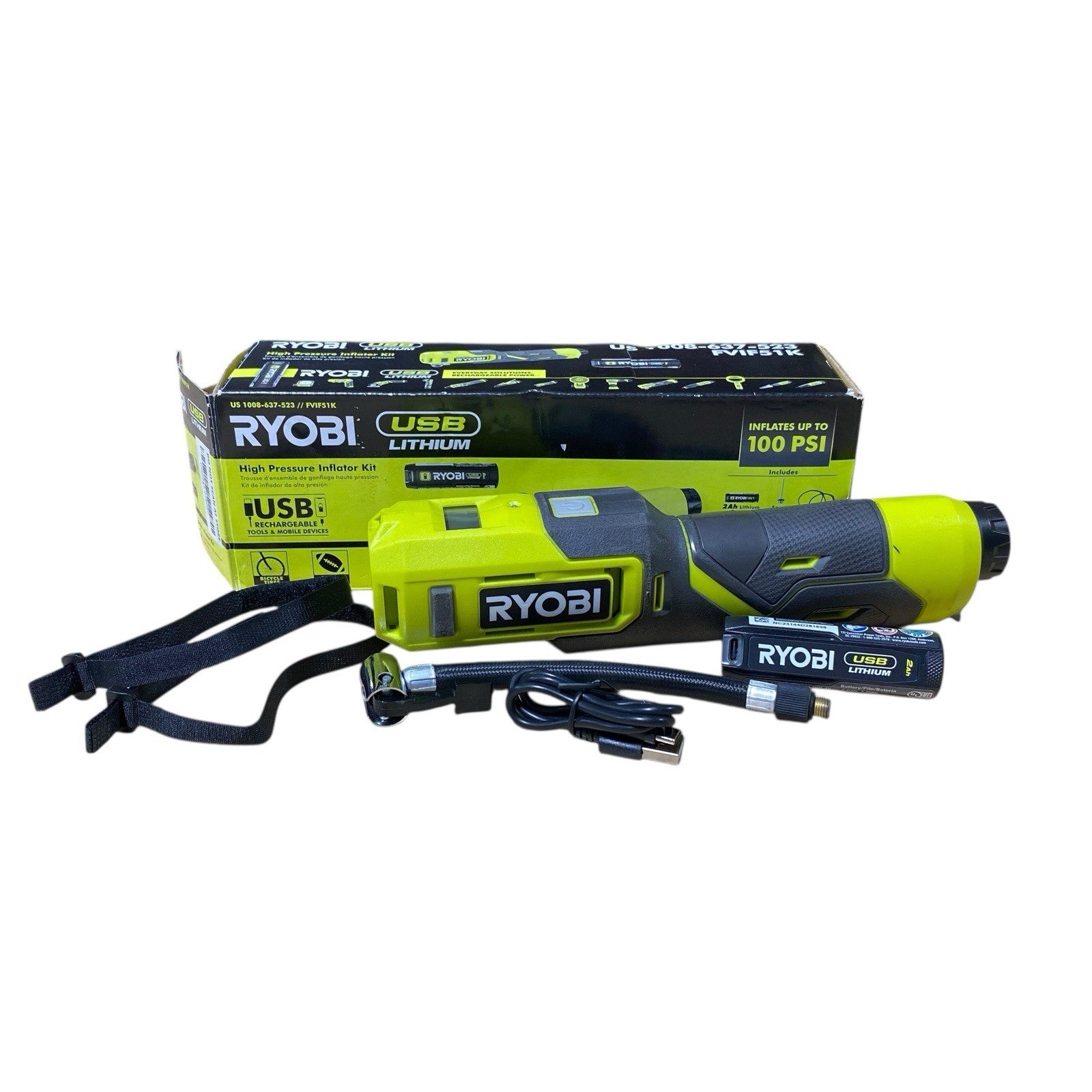 Ryobi High Pressure Inflator W/ USB Lithium 2 Ah Battery & Charging Cord FVIF51K