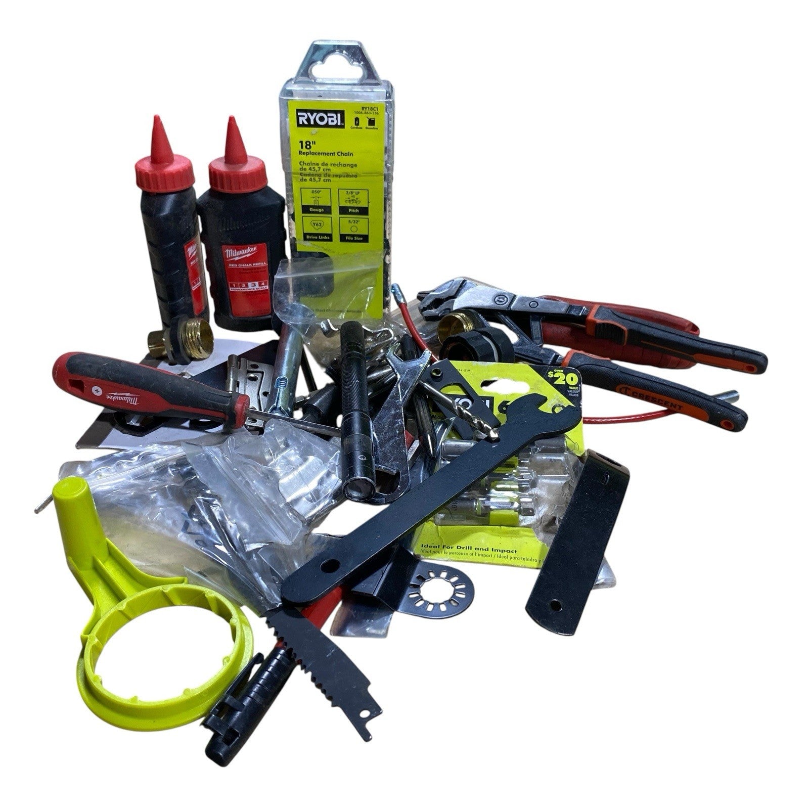 Milwaukee Ryobi Junk Drawer Tools Lot Bit Blades Chalk Refills Pliers Wrench