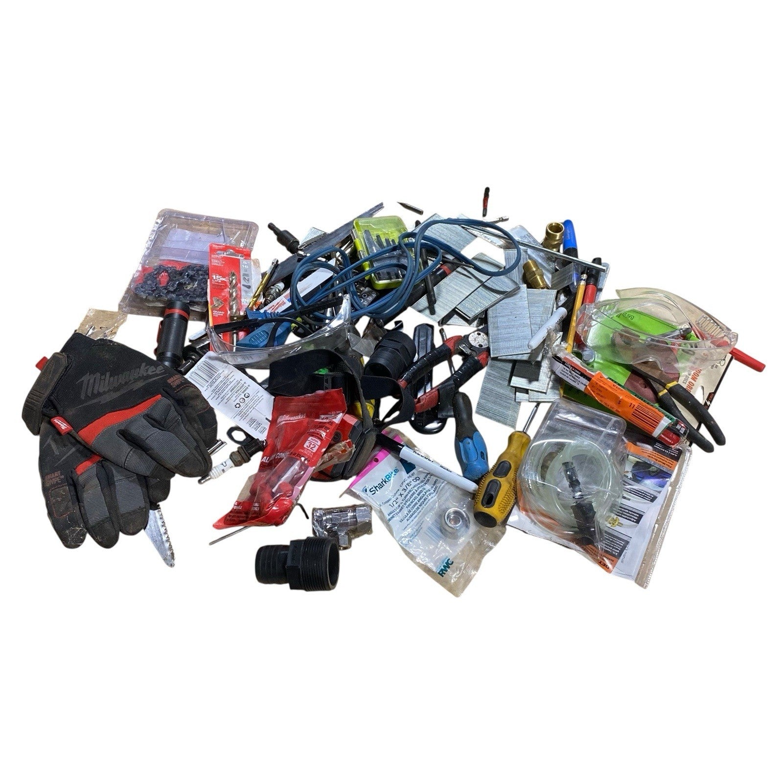 Milwaukee Ryobi Junk Drawer Tools Lot Bits Drivers Wrench Flashlight Gloves