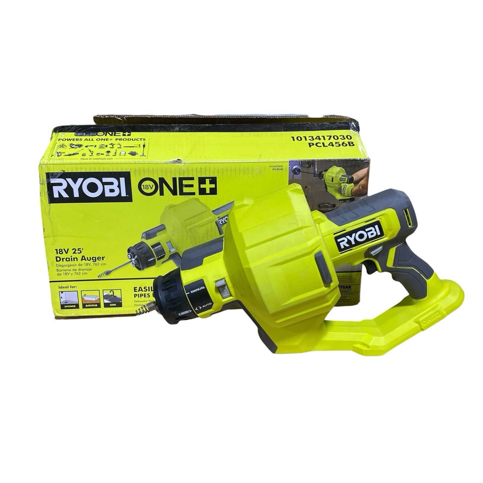 Ryobi PCL456 ONE+ 18V Cordless Drain Auger 25 ft Cable, LED Light, Auto Feed/Ret