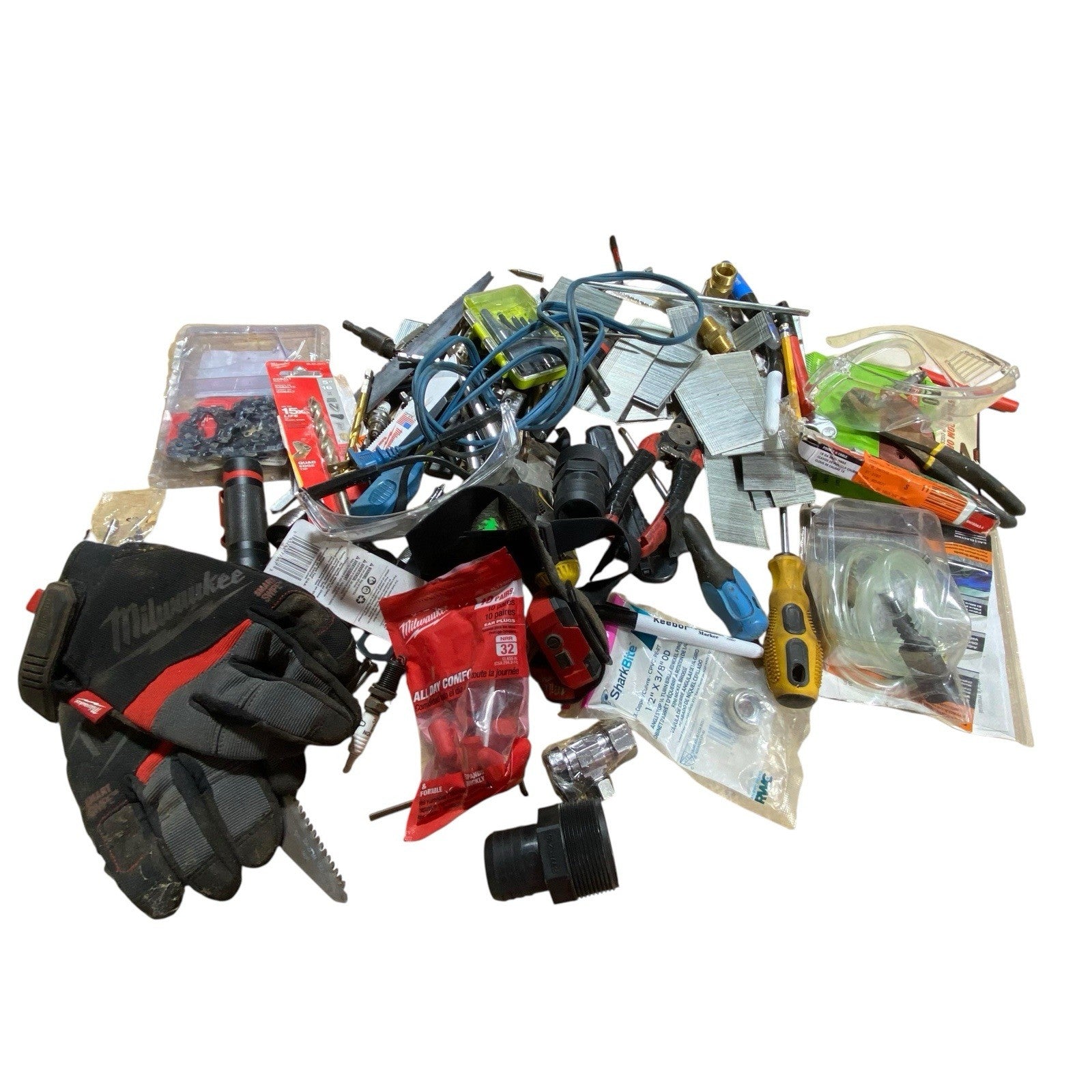 Milwaukee Ryobi Junk Drawer Tools Lot Bits Drivers Wrench Flashlight Gloves