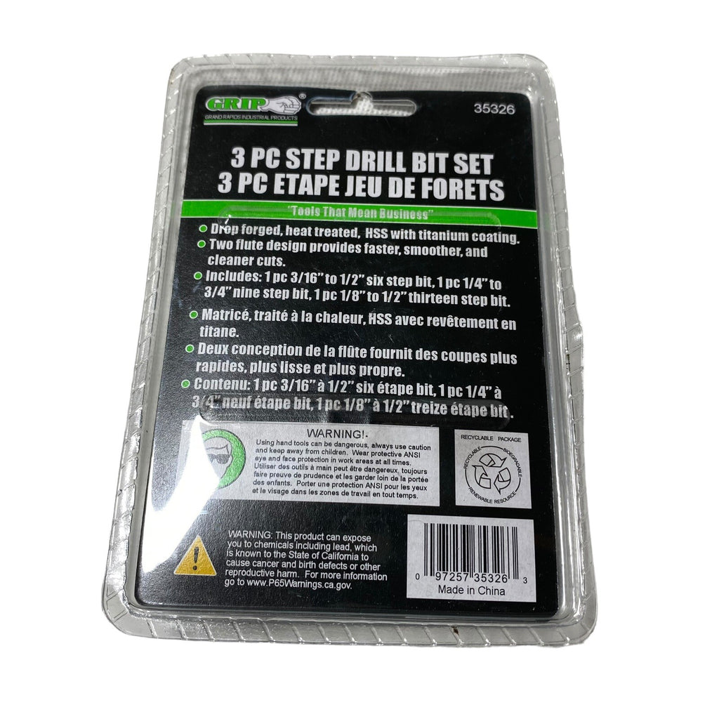 3pc GRIP QUICK CHANGE HEX SHANK TITANIUM STEP UNI DRILL BIT SET 3/16" - 3/4" 