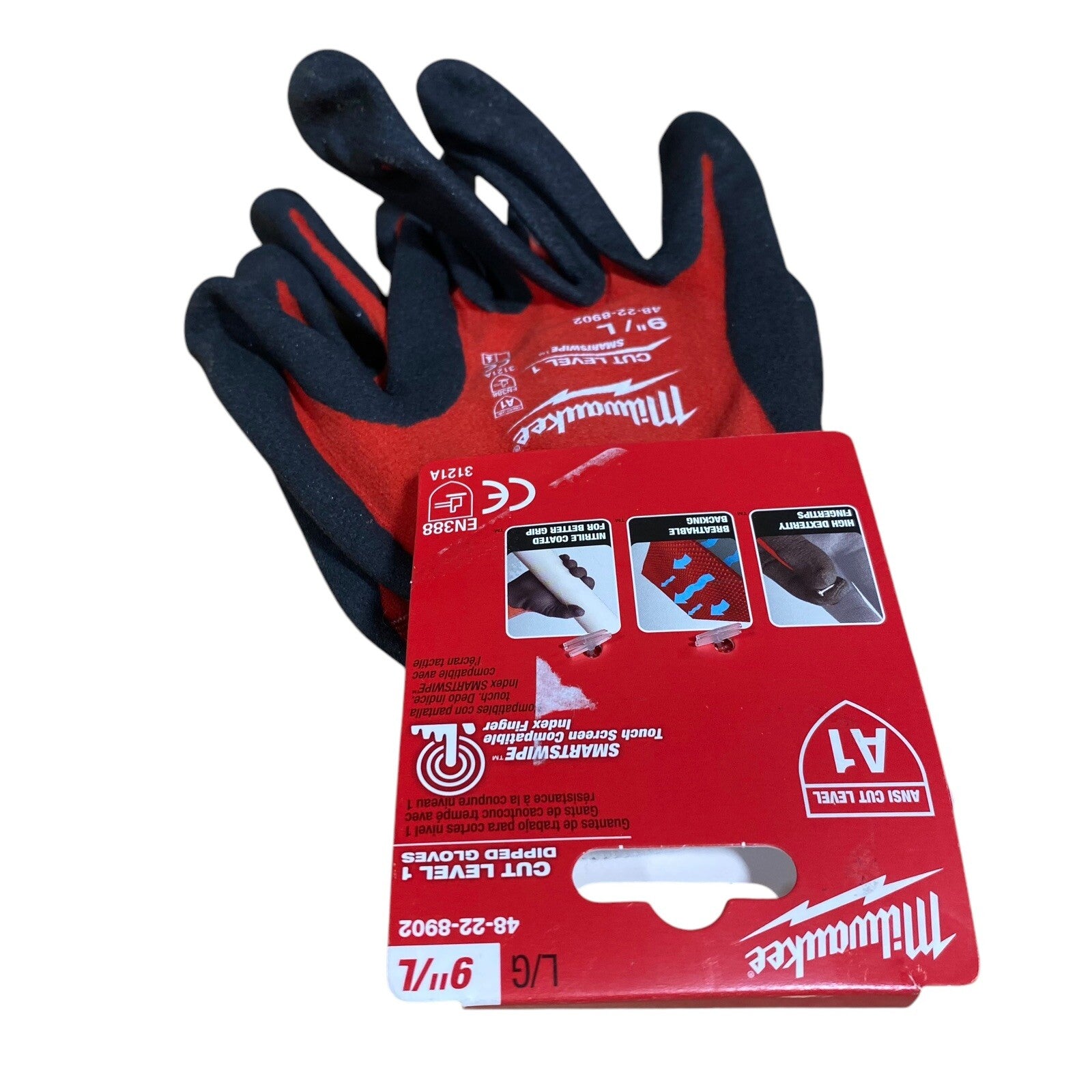 1 PAIR MILWAUKEE CUT LEVEL 1 DIPPED GLOVES 48-22-8902 9"/LARGE